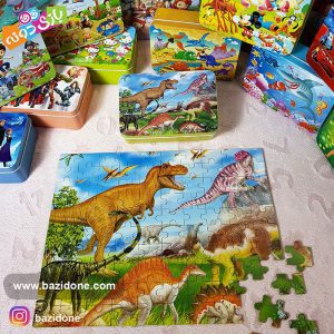 پازل چوبی 100 قطعه جعبه فلزی دایناسورها
